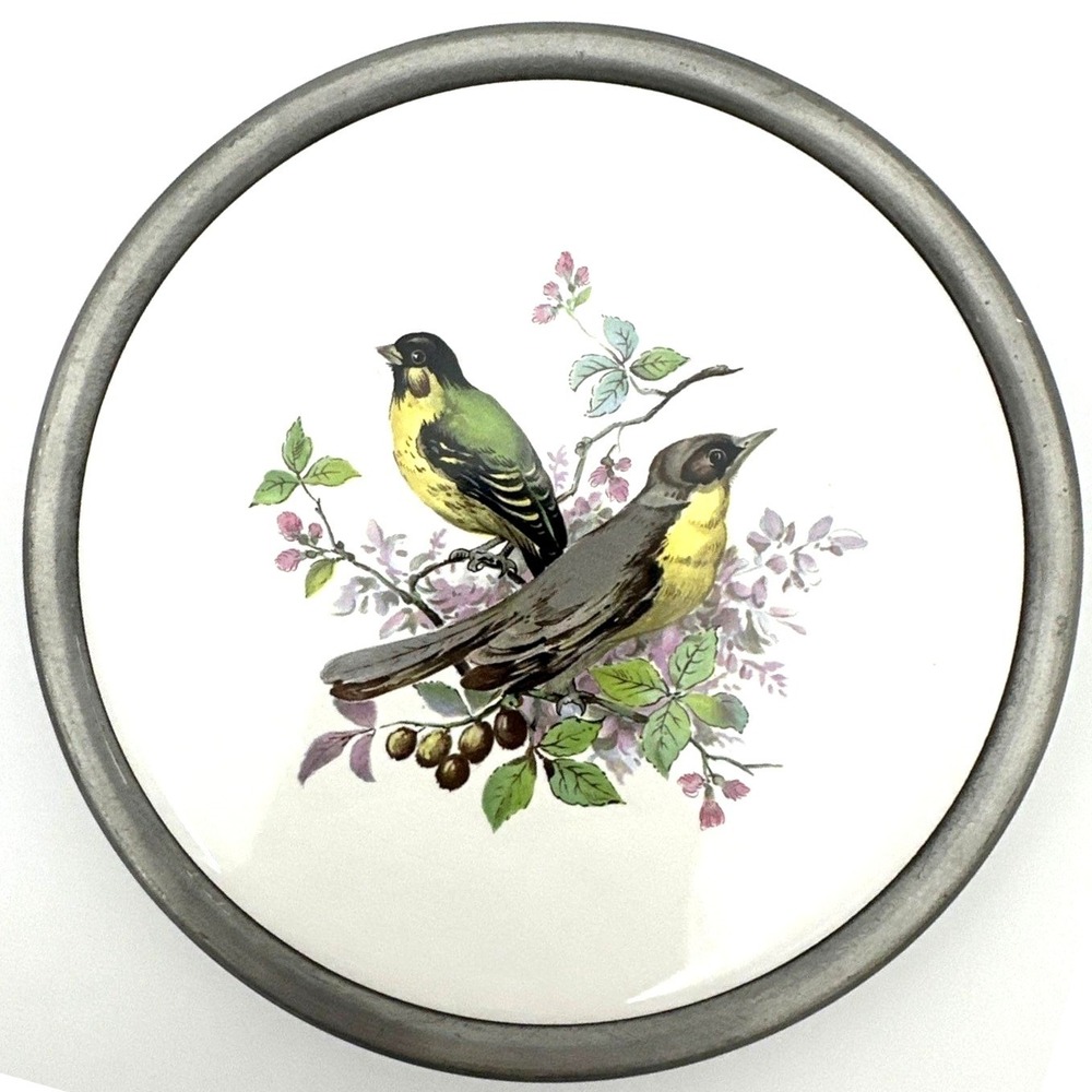 Pocono RR Pewter Trivet Bird Ceramic Insert Vintage Round Hot Plate Footed Base